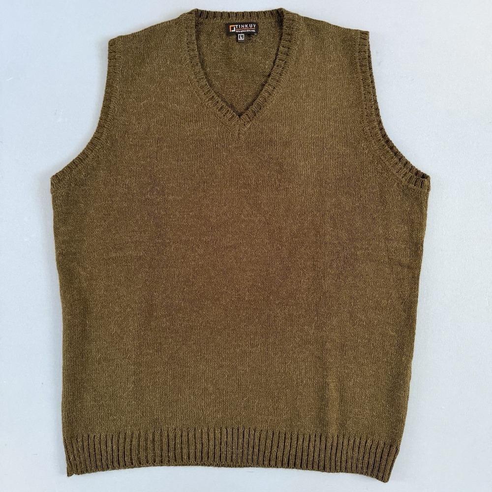 Tinkuy‎ Peru Alpaca Wool Green Sleeveless V-Neck Mens Sweater Vest